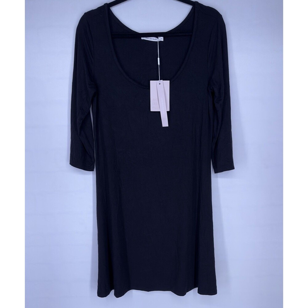 Avec Les Filles Anthropologie 3/4 Sleeve Black Midi Dress Womens Size Medium NEW